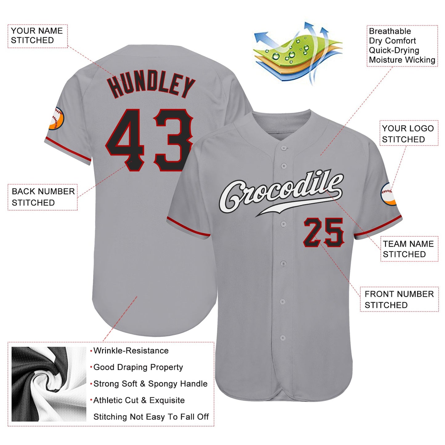 Custom Gray Black-Red Authentic Baseball Jersey - Sky-Custom