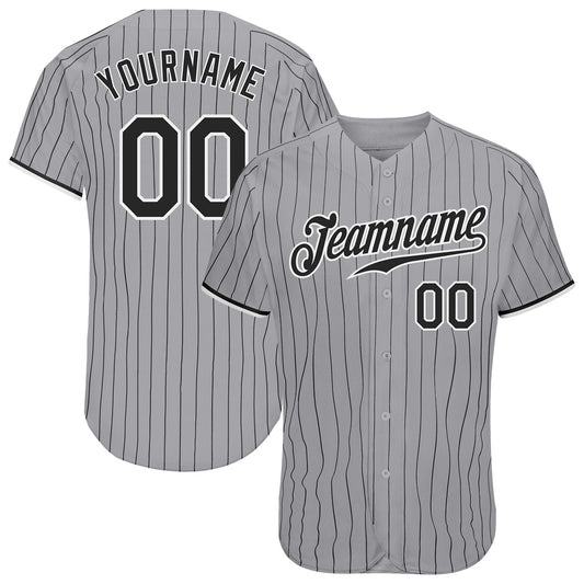 Custom Gray Black Pinstripe Black-White Authentic Baseball Jersey - Sky-Custom