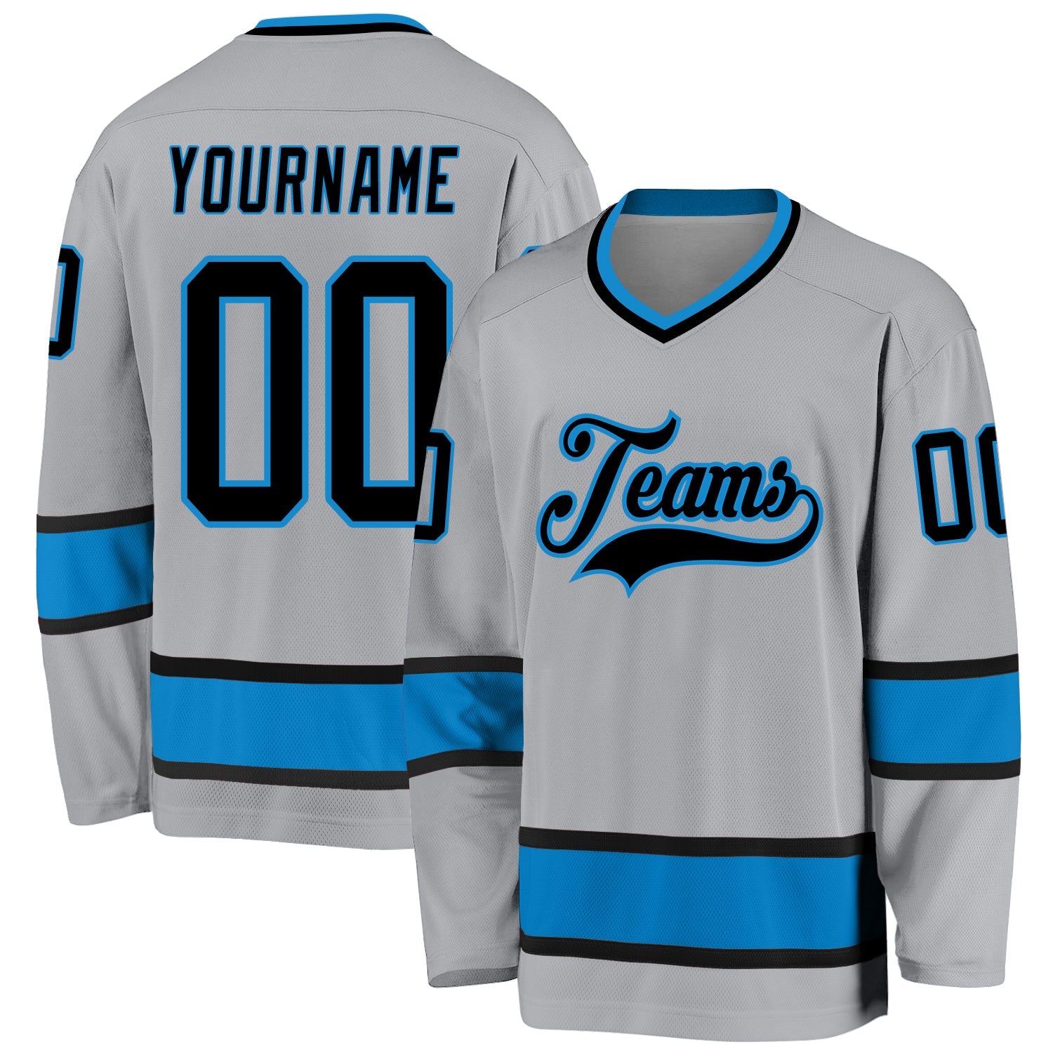Custom Gray Black-Blue Hockey Jersey - Sky-Custom