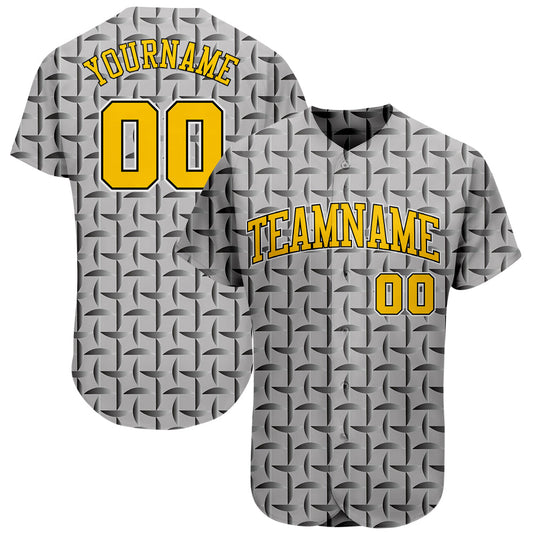 Custom Gray Gold-Black 3D Pattern Design Authentic Baseball Jersey - Sky-Custom