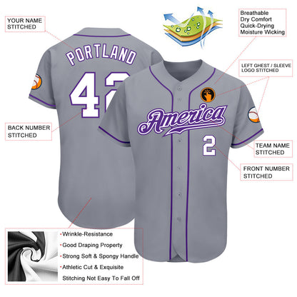 Custom Gray White-Purple Authentic Baseball Jersey - Sky-Custom
