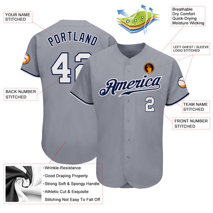 Custom Gray White-Navy Authentic Baseball Jersey - Sky-Custom