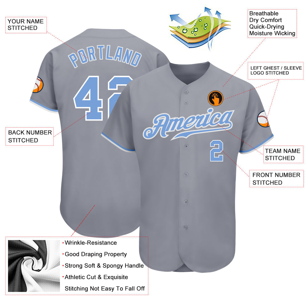 Custom Gray Light Blue-White Authentic Baseball Jersey - Sky-Custom