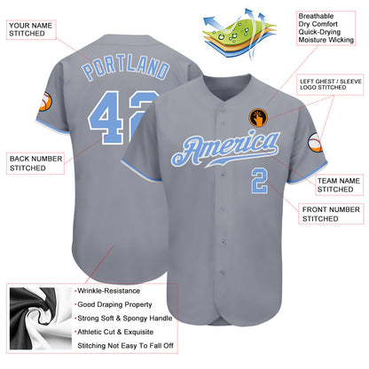 Custom Gray Light Blue-White Authentic Baseball Jersey - Sky-Custom