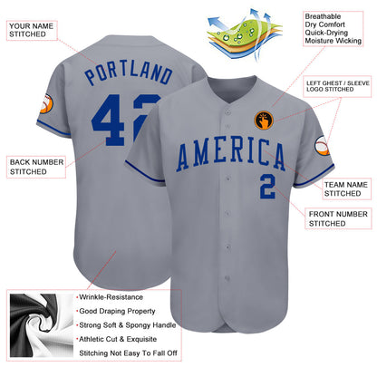 Custom Gray Royal Authentic Baseball Jersey - Sky-Custom
