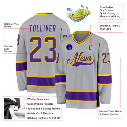 Custom Gray Purple-Gold Hockey Jersey - Sky-Custom