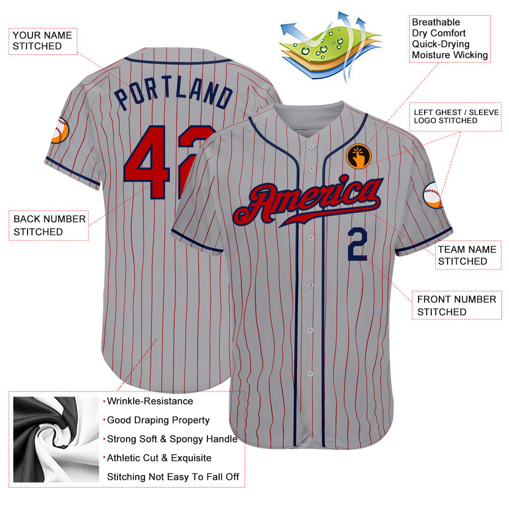 Custom Gray Red Pinstripe Red-Navy Authentic Baseball Jersey - Sky-Custom