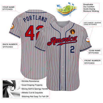 Custom Gray Red Pinstripe Red-Navy Authentic Baseball Jersey - Sky-Custom