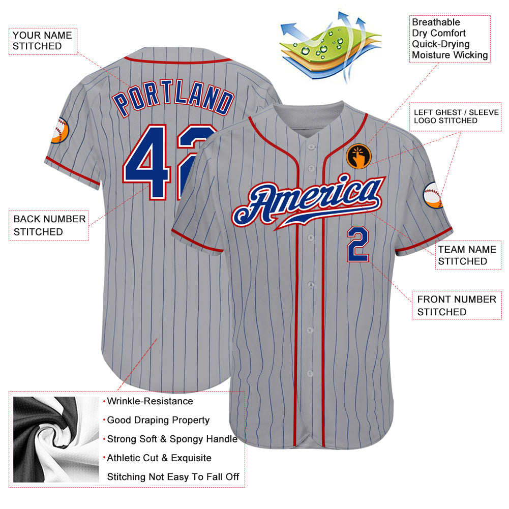 Custom Gray Royal Pinstripe Royal-Red Authentic Baseball Jersey - Sky-Custom