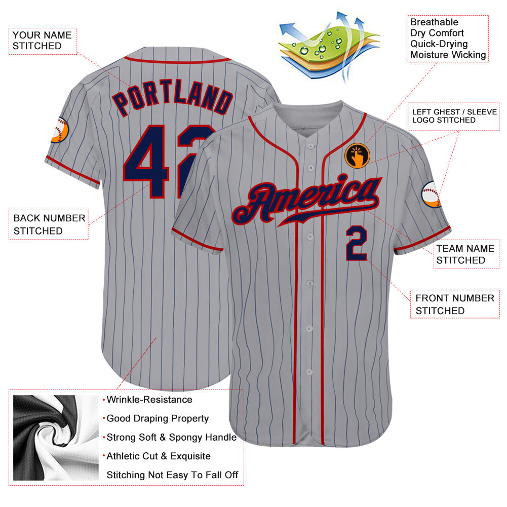 Custom Gray Navy Pinstripe Navy-Red Authentic Baseball Jersey - Sky-Custom