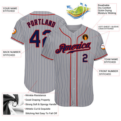 Custom Gray Navy Pinstripe Navy-Red Authentic Baseball Jersey - Sky-Custom