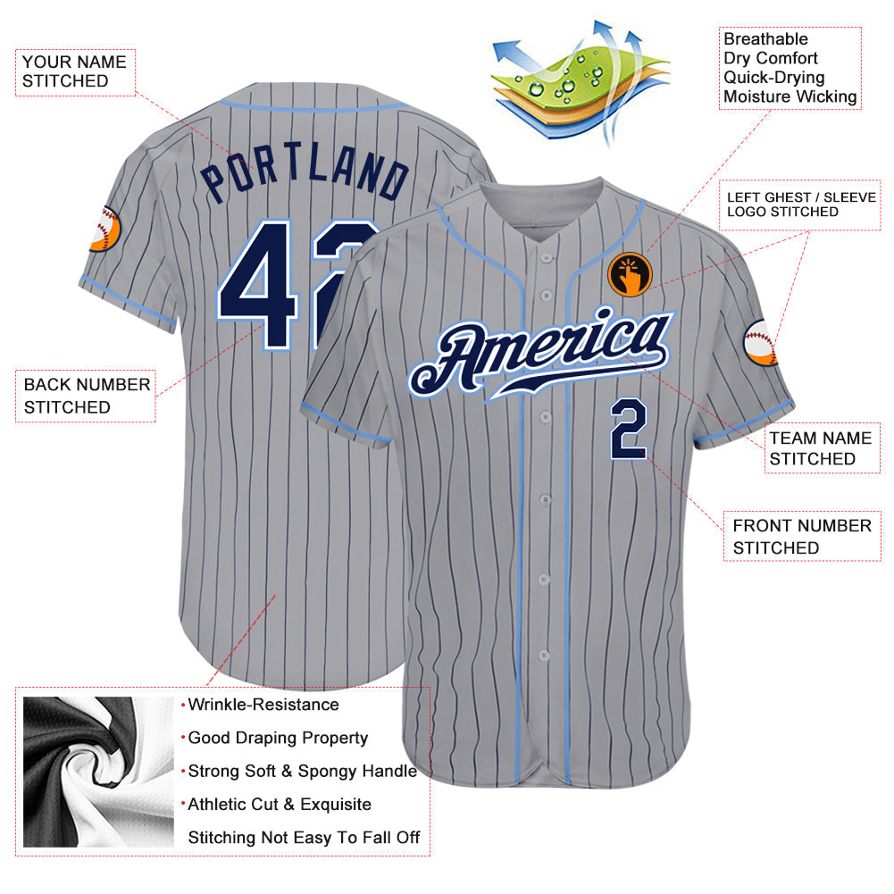 Custom Gray Navy Pinstripe Navy-Light Blue Authentic Baseball Jersey - Sky-Custom