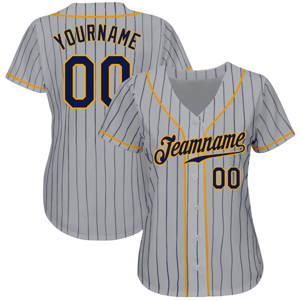 Custom Gray Navy Pinstripe Navy-Gold Authentic Baseball Jersey - Sky-Custom