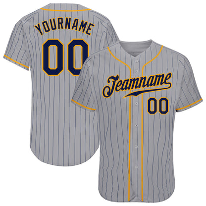Custom Gray Navy Pinstripe Navy-Gold Authentic Baseball Jersey - Sky-Custom