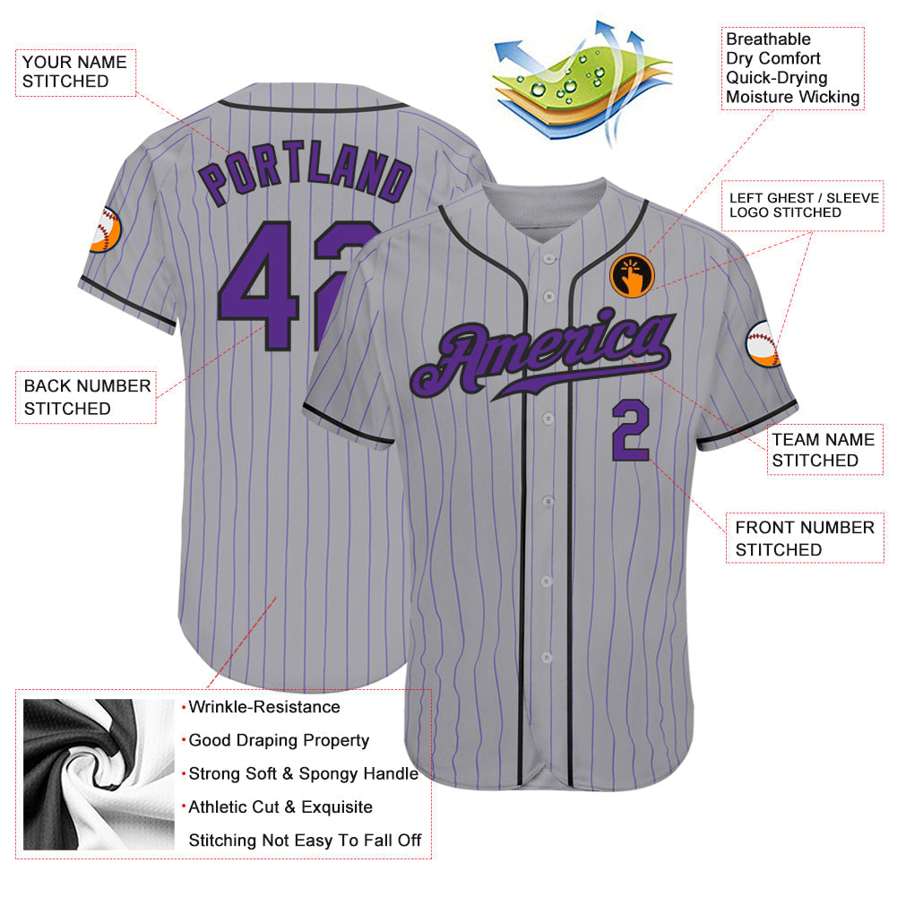 Custom Gray Purple Pinstripe Purple-Black Authentic Baseball Jersey - Sky-Custom