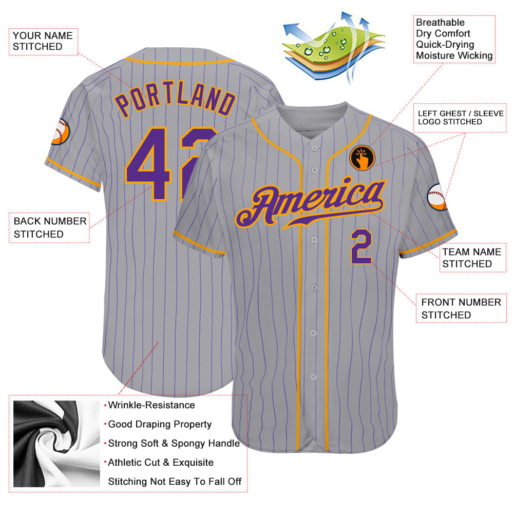 Custom Gray Purple Pinstripe Purple-Gold Authentic Baseball Jersey - Sky-Custom