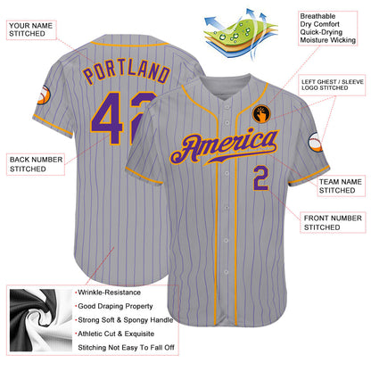 Custom Gray Purple Pinstripe Purple-Gold Authentic Baseball Jersey - Sky-Custom