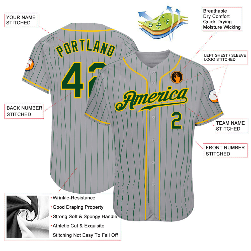 Custom Gray Green Pinstripe Green-Gold Authentic Baseball Jersey - Sky-Custom