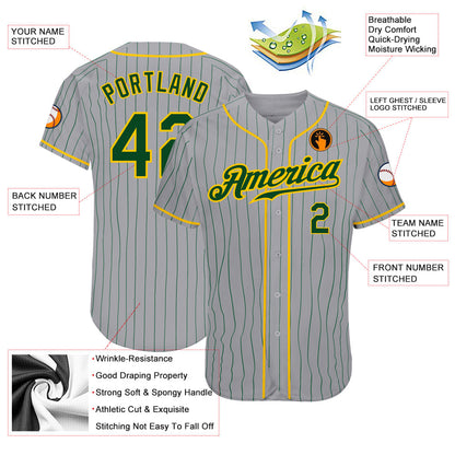 Custom Gray Green Pinstripe Green-Gold Authentic Baseball Jersey - Sky-Custom