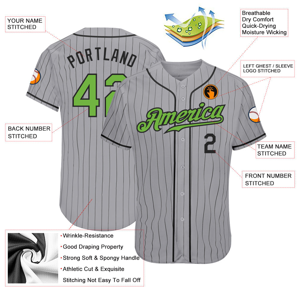 Custom Gray Black Pinstripe Neon Green-Black Authentic Baseball Jersey - Sky-Custom