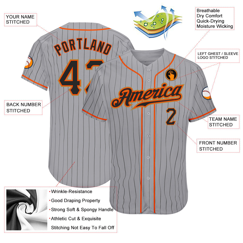 Custom Gray Black Pinstripe Black-Orange Authentic Baseball Jersey - Sky-Custom