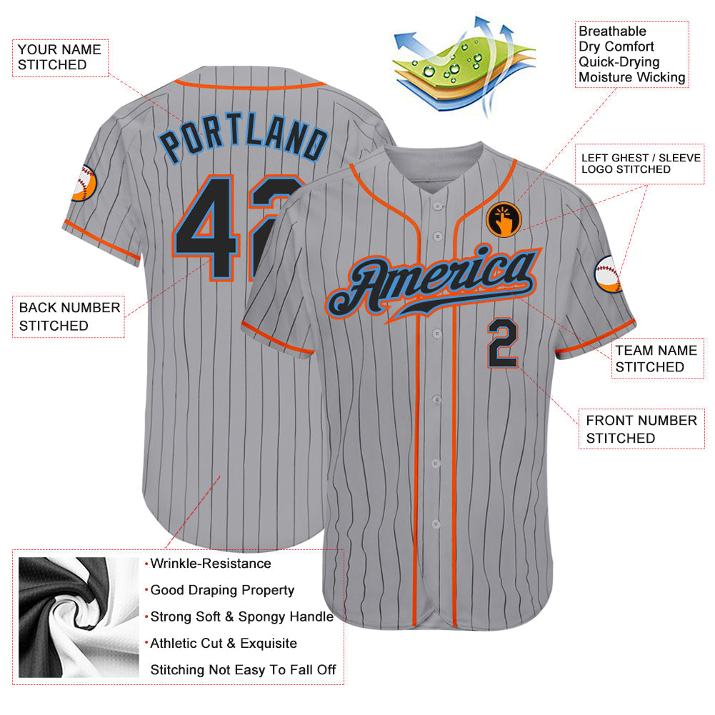Custom Gray Black Pinstripe Black-Powder Blue Authentic Baseball Jersey - Sky-Custom