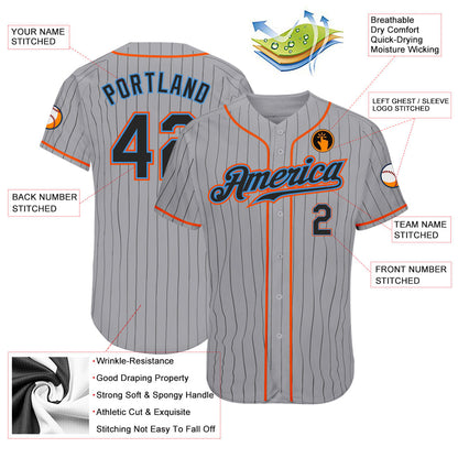 Custom Gray Black Pinstripe Black-Powder Blue Authentic Baseball Jersey - Sky-Custom