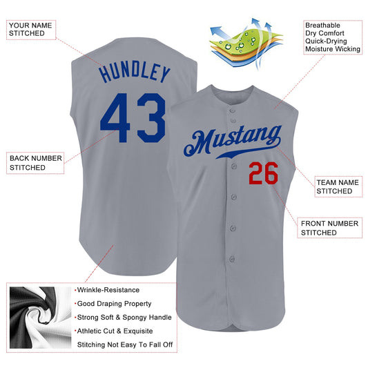 Custom Gray Royal-Red Authentic Sleeveless Baseball Jersey - Sky-Custom