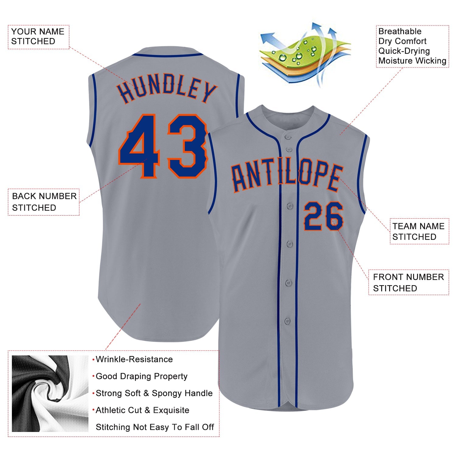 Custom Gray Royal-Orange Authentic Sleeveless Baseball Jersey - Sky-Custom