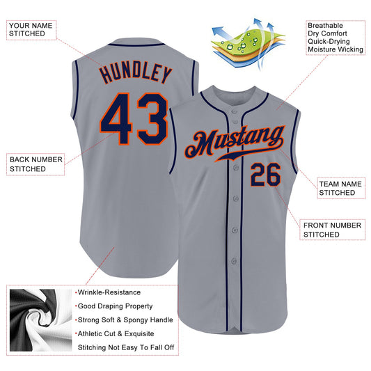 Custom Gray Navy-Orange Authentic Sleeveless Baseball Jersey - Sky-Custom