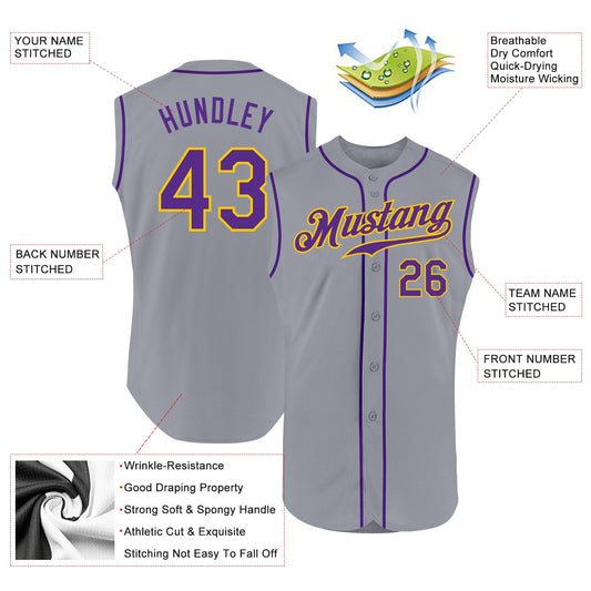 Custom Gray Purple-Gold Authentic Sleeveless Baseball Jersey - Sky-Custom