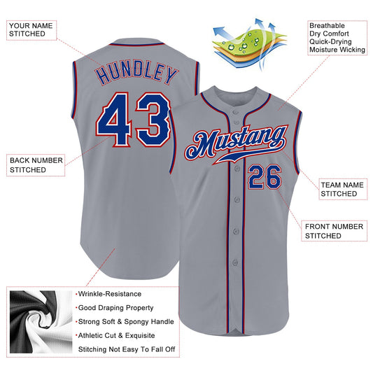 Custom Gray Royal-Red Authentic Sleeveless Baseball Jersey - Sky-Custom