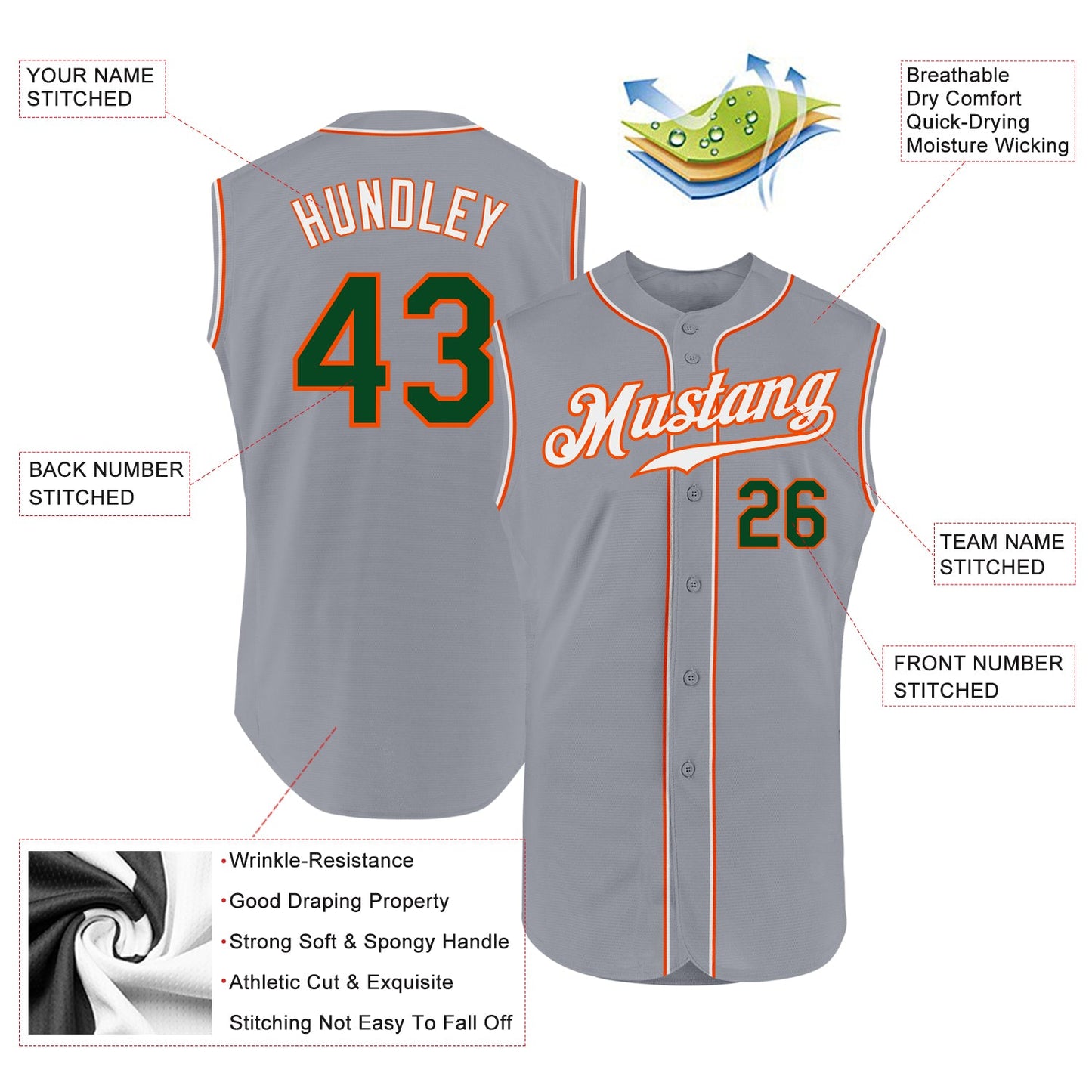 Custom Gray Green-Orange Authentic Sleeveless Baseball Jersey - Sky-Custom