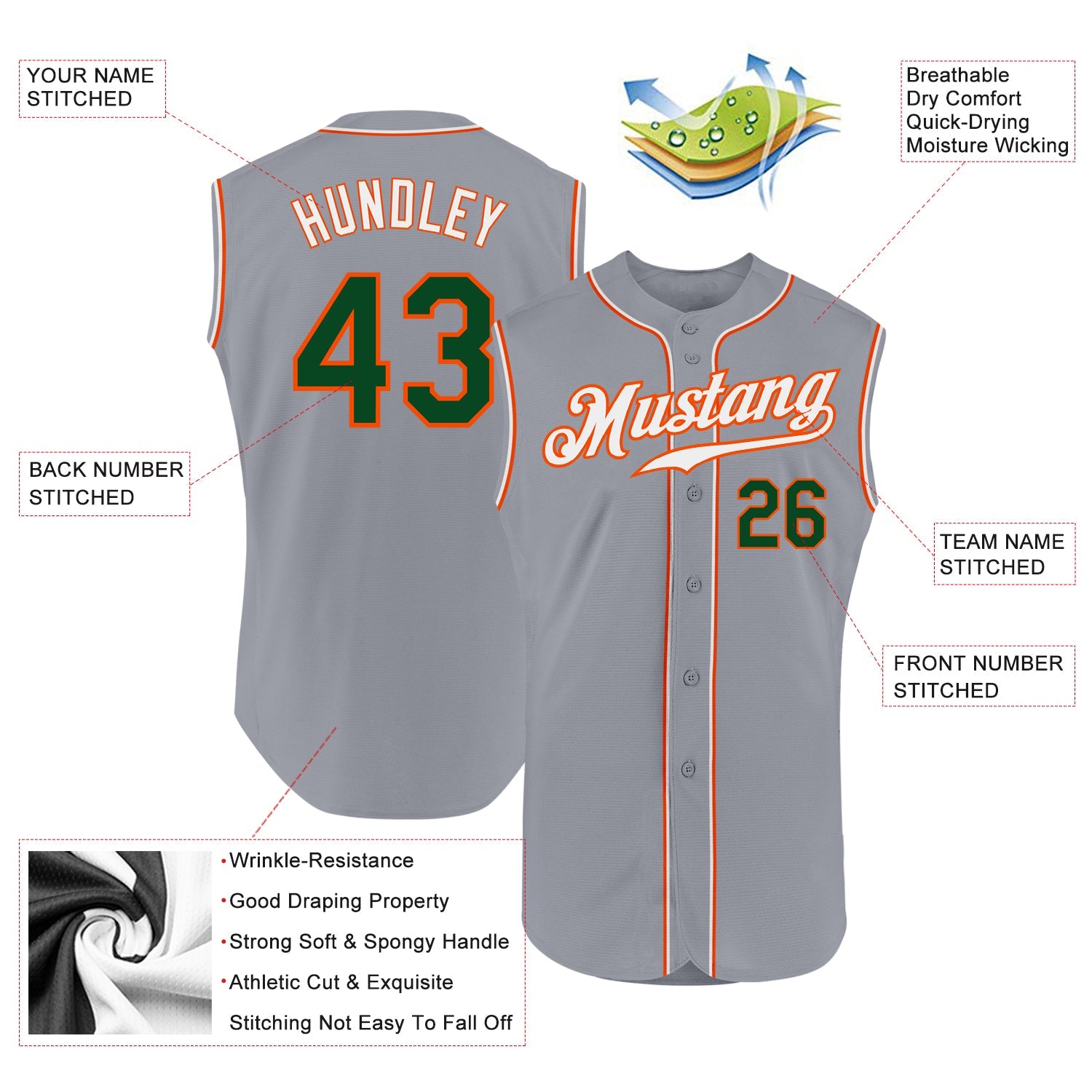 Custom Gray Green-Orange Authentic Sleeveless Baseball Jersey - Sky-Custom