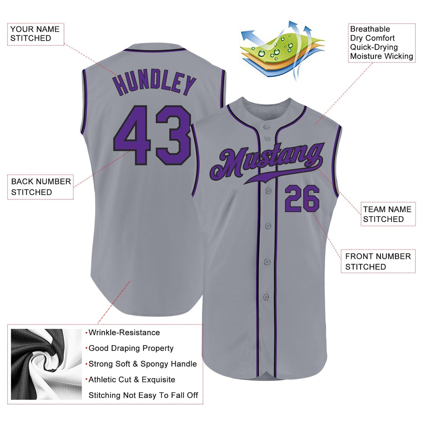 Custom Gray Purple-Black Authentic Sleeveless Baseball Jersey - Sky-Custom
