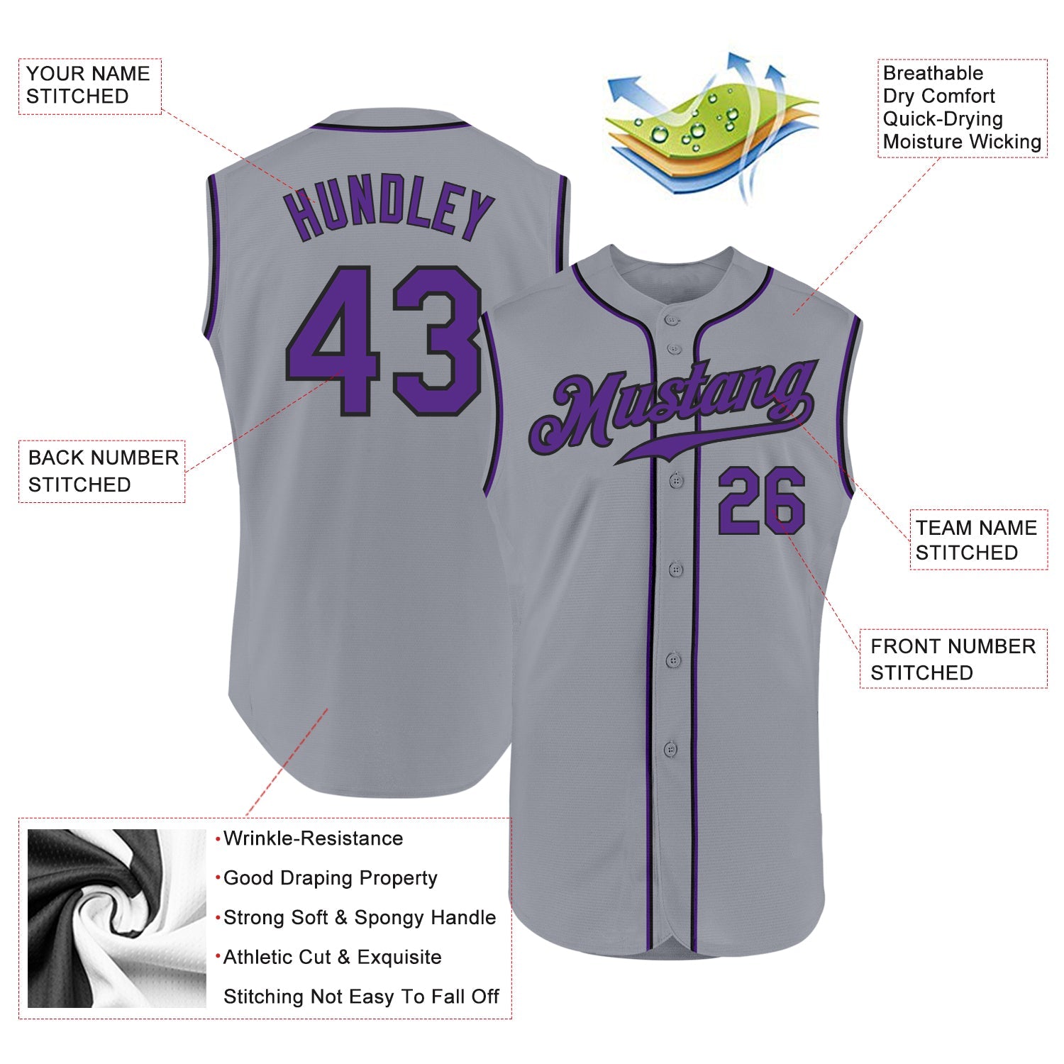 Custom Gray Purple-Black Authentic Sleeveless Baseball Jersey - Sky-Custom
