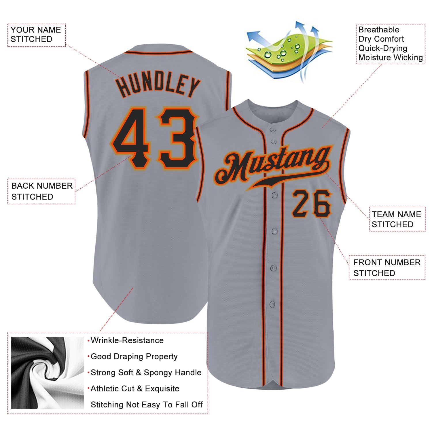 Custom Gray Black-Orange Authentic Sleeveless Baseball Jersey - Sky-Custom