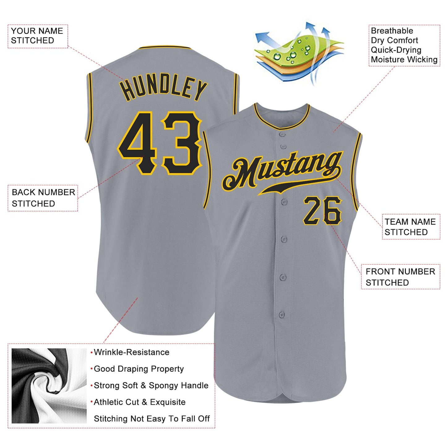 Custom Gray Black-Gold Authentic Sleeveless Baseball Jersey - Sky-Custom