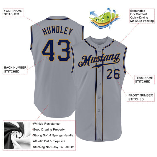 Custom Gray Navy-Old Gold Authentic Sleeveless Baseball Jersey - Sky-Custom