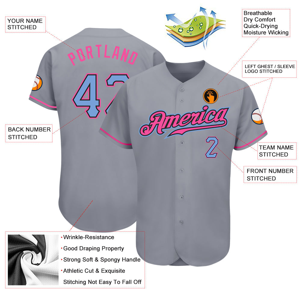 Custom Gray Light Blue-Pink Authentic Baseball Jersey - Sky-Custom