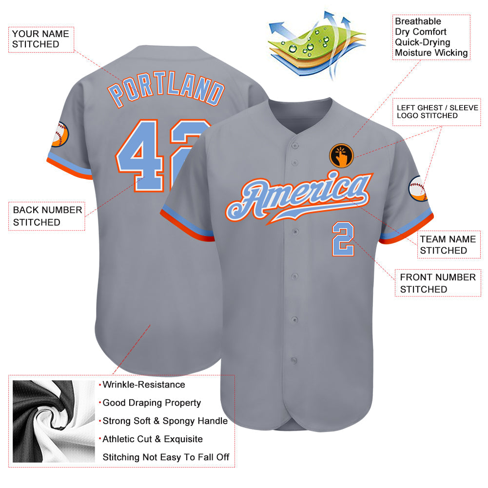 Custom Gray Powder Blue White-Orange Authentic Baseball Jersey - Sky-Custom