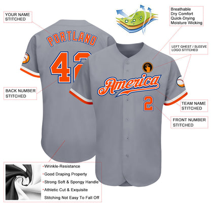 Custom Gray Orange White-Royal Authentic Baseball Jersey - Sky-Custom