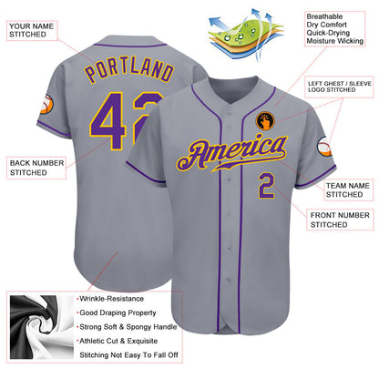 Custom Gray Purple-Gold Authentic Baseball Jersey - Sky-Custom