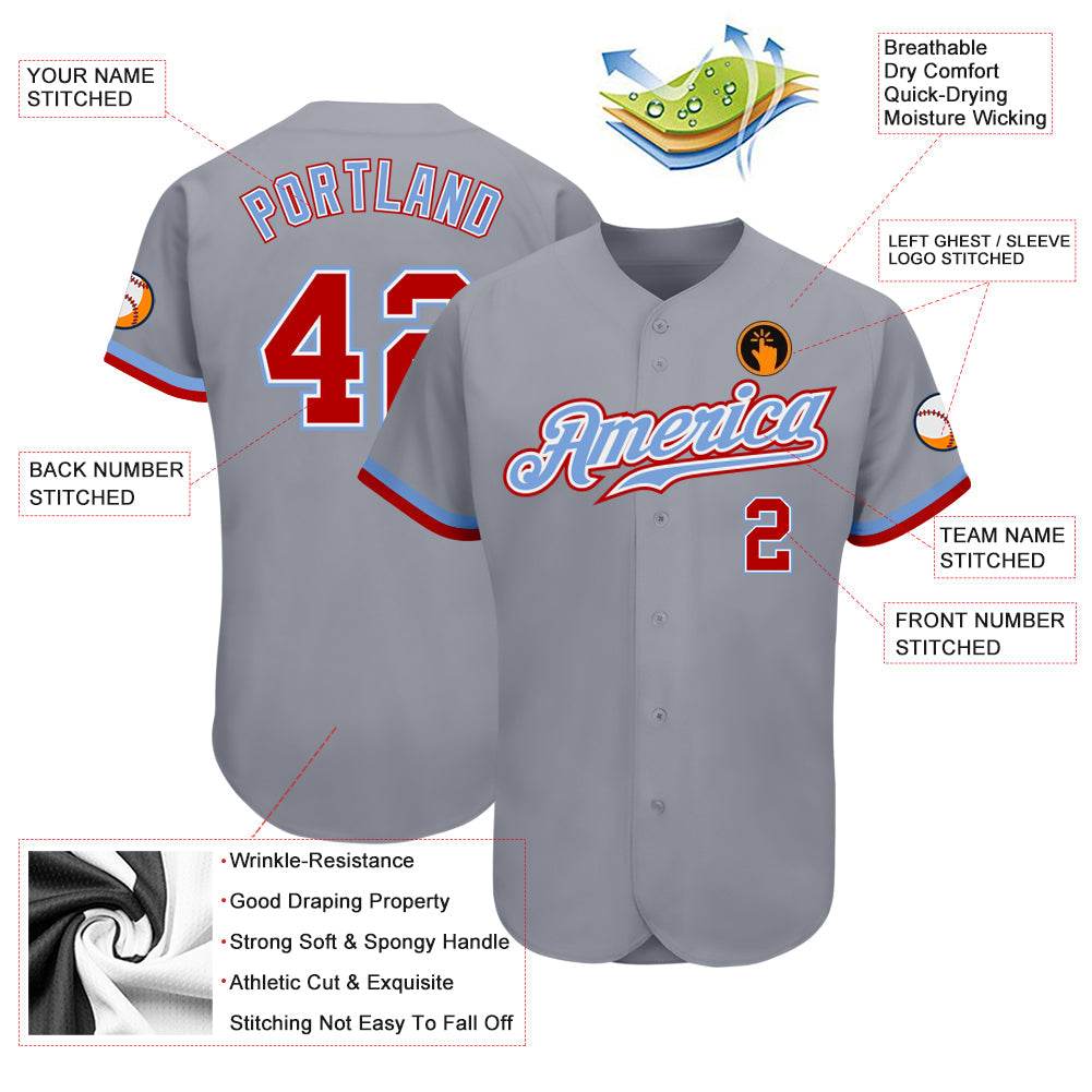 Custom Gray Red White-Light Blue Authentic Baseball Jersey - Sky-Custom