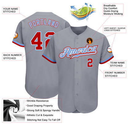 Custom Gray Red White-Light Blue Authentic Baseball Jersey - Sky-Custom