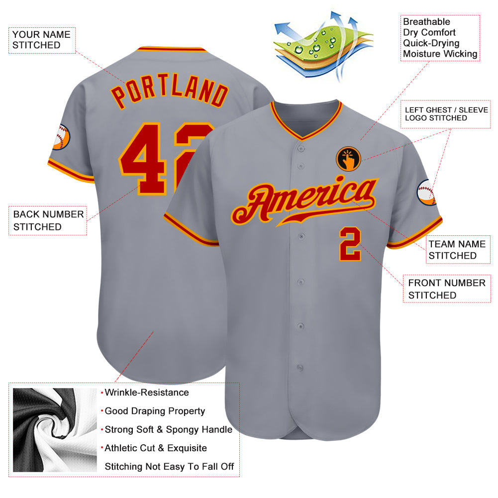 Custom Gray Red-Gold Authentic Baseball Jersey - Sky-Custom