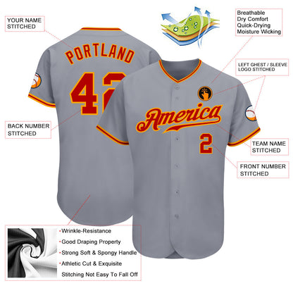 Custom Gray Red-Gold Authentic Baseball Jersey - Sky-Custom