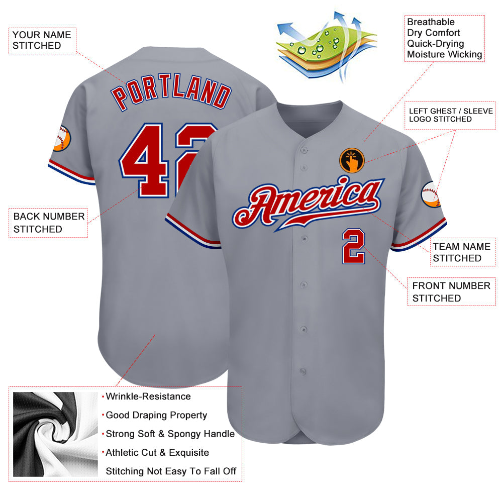 Custom Gray Red White-Royal Authentic Baseball Jersey - Sky-Custom