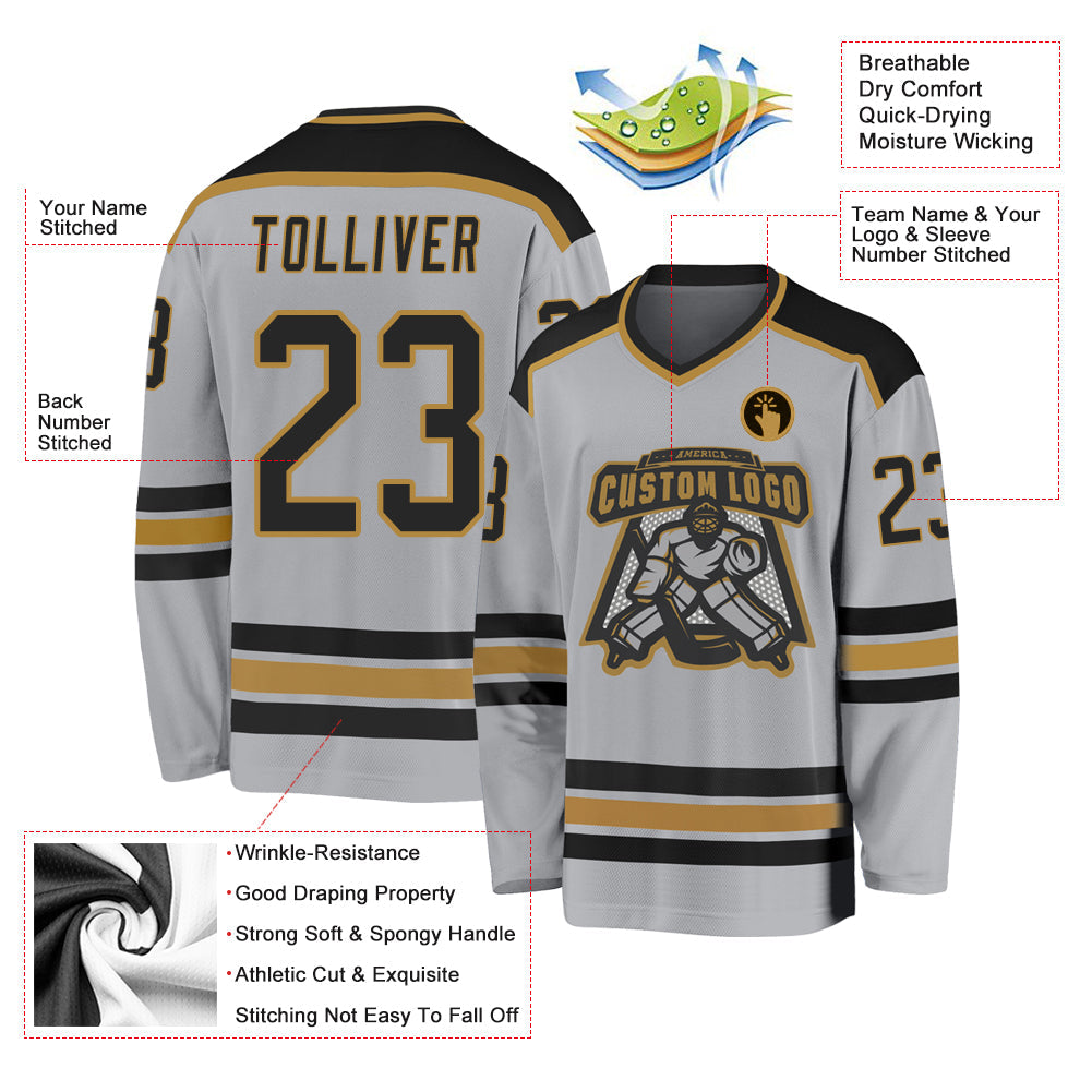 Custom Gray Black-Old Gold Hockey Jersey - Sky-Custom