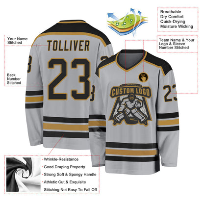 Custom Gray Black-Old Gold Hockey Jersey - Sky-Custom
